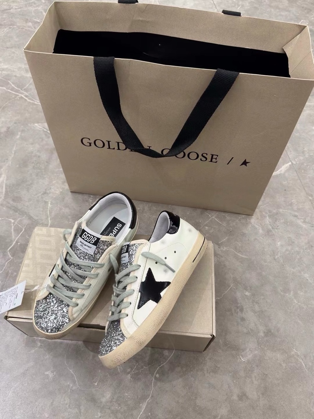 Golden Goose White Leather Sneakers with Black Star and Silver Glitter Toe - Picture 7 of 8